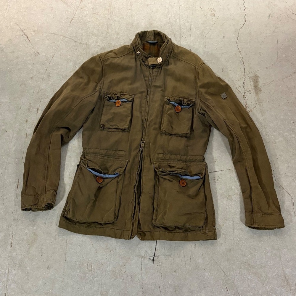 Hetrego Mens Casual Field Jacket Olive Brown Utility Military Double Zip Size 50